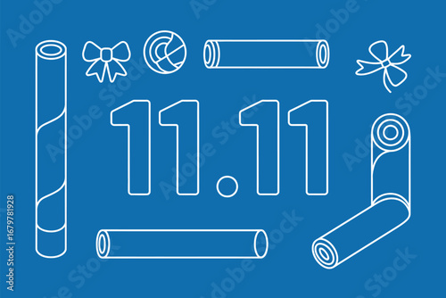 A blue background with the white outlined number eleven repeated twice with ribbons and rolled paper tubes