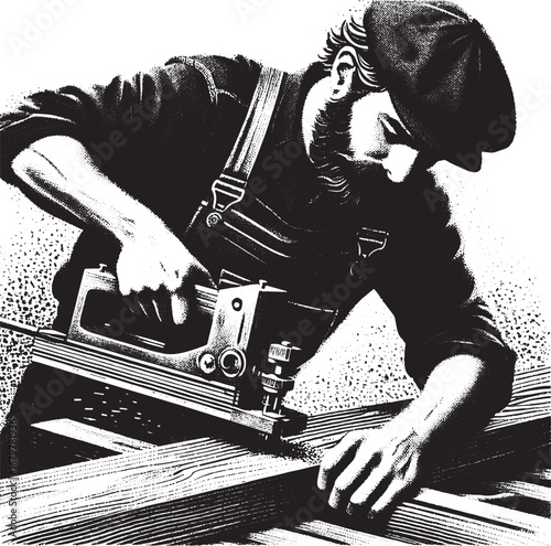 Carpenter in Action: Black and White Illustration of a Man Working with Wood and Tools