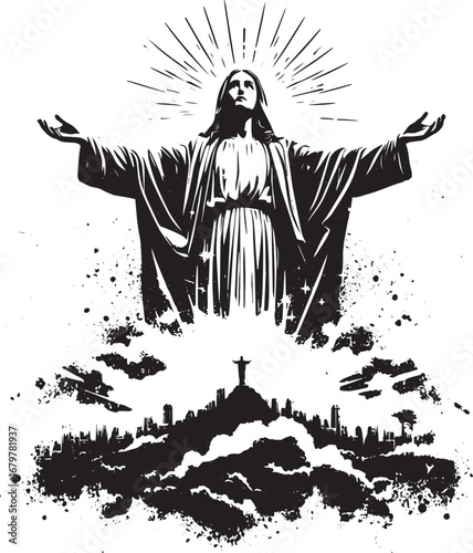 Artistic Depiction of Jesus Christ with a Mountain and Divine Rays in Monochrome