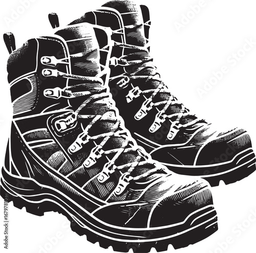 Detailed black and white illustration of hiking boots, perfect for outdoor adventure and travel