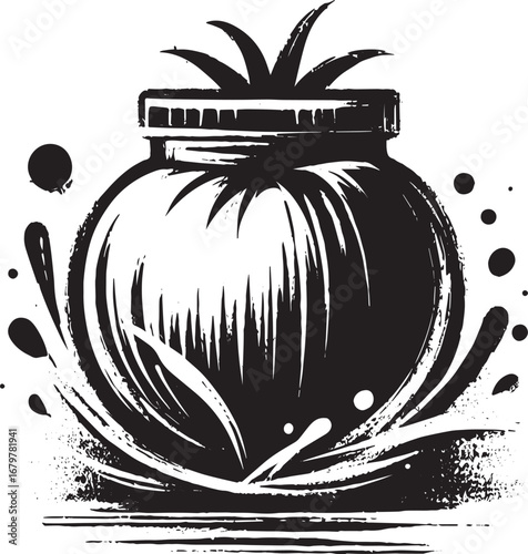 Stylized Sumi-e Illustration of Fresh Tomato Juice with Brush St