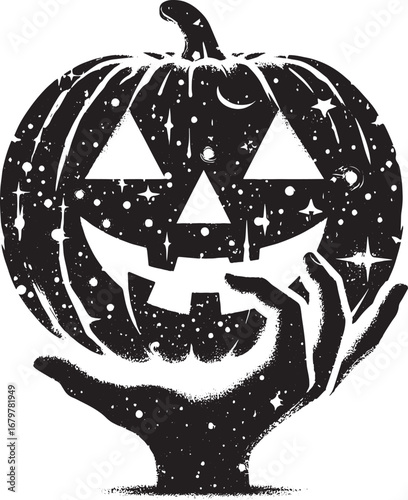 Spooky Halloween Pumpkin held in a hand with a starry night background for holiday designs