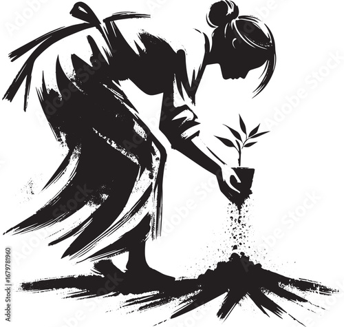 Resilience depicted: A woman replanting life in a minimalist bru