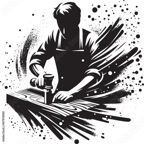 Artistic Silhouette of a Carpenter Working on Wood with Abstract Splatter Effects