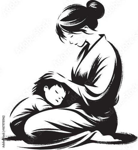 Sumi-e illustration showing a woman comforting a sleeping child