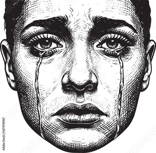 Emotional vulnerability expressed through engraved woman's face