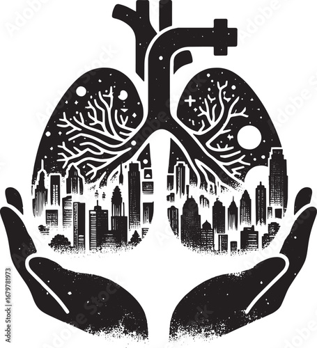 Artistic illustration depicting lungs with a cityscape, roots, and hands for environmental health