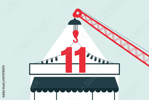 A stylized illustration of a store with a crane lifting the number eleven above the building structure