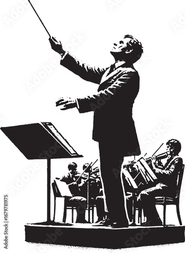 A black and white illustration of a conductor leading an orchestra performance