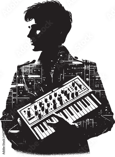 Silhouette of a Person Holding a Synthesizer with a Circuitry Overlay Design
