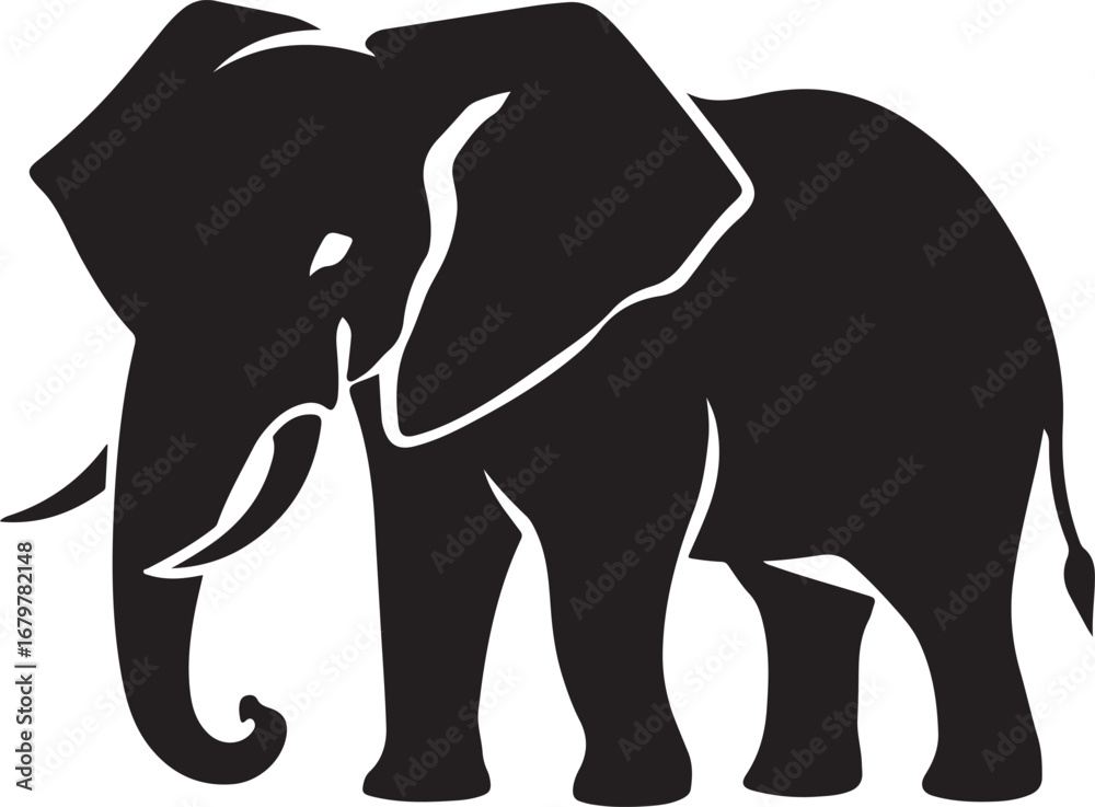 Fototapeta premium Black silhouette of an African elephant with white outlines against a white background animal wildlife
