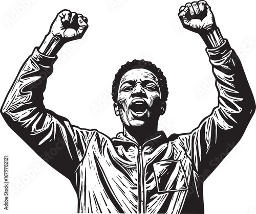 Powerful woodcut illustration: A figure raising fists in an expr