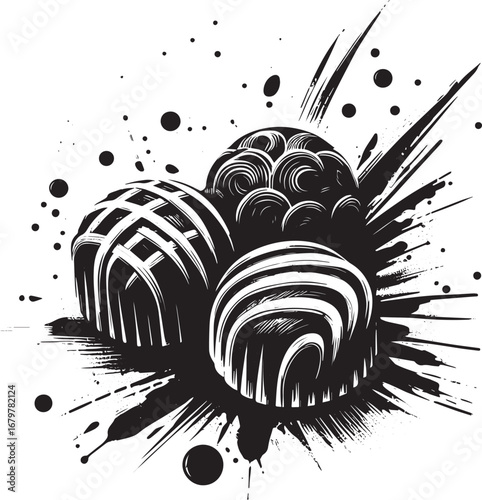 Elegant Chocolate Truffles Sumi-e Style Icon with Brush Stroke S