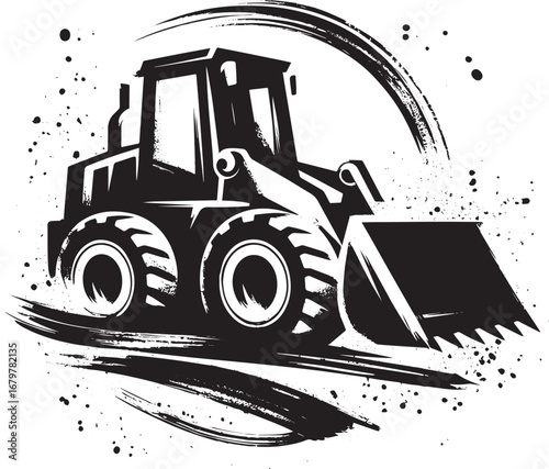 Monochrome wheel loader icon with a sumi-e art style brush strok