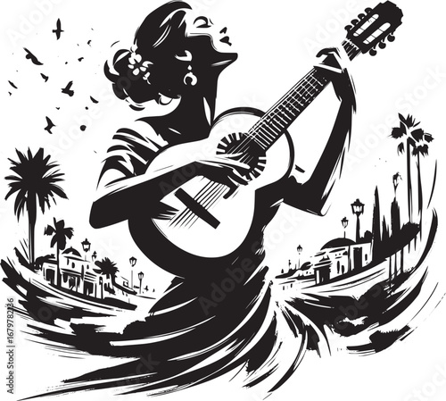 Harmonic resonance: A woman playing cuatro in a cultural black a