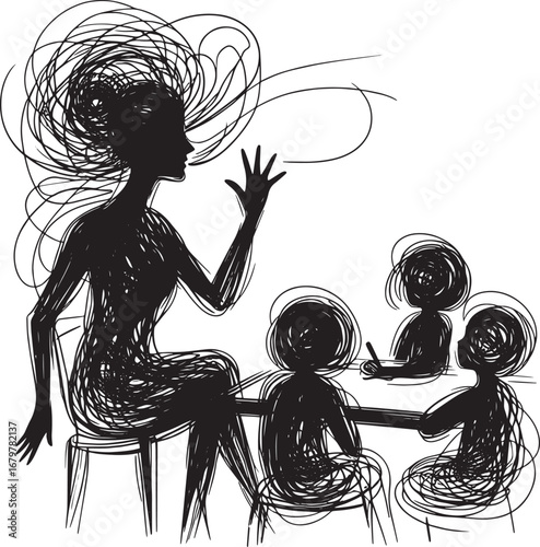 Illustration of a teacher teaching children with a messy, abstract style for education