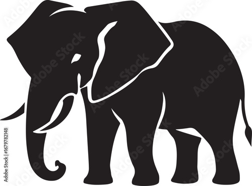 Black silhouette of an African elephant with white outlines against a white background animal wildlife