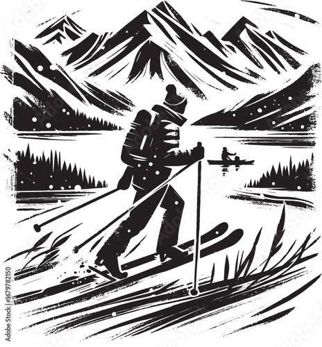 Monochrome Sumi-e Illustration of Winter Sport in Alpine Landsca