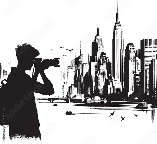 Silhouette of a photographer capturing urban landscape in minima