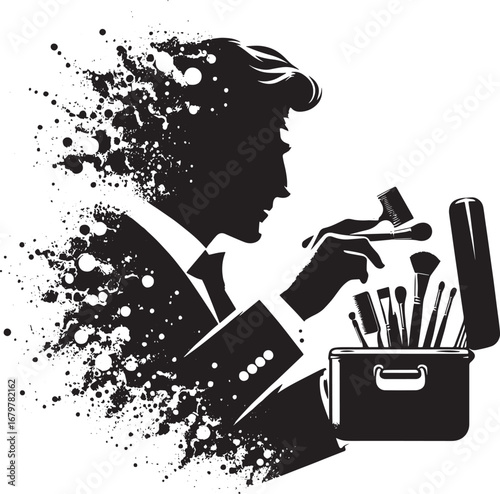 Silhouette of a Makeup Artist with Brushes and a Case, Black and White Vector Illustration