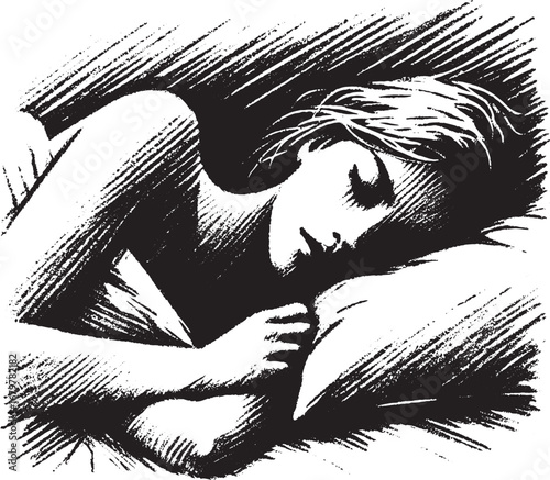 Black and white illustration of a person sleeping soundly on a pillow for peaceful slumber
