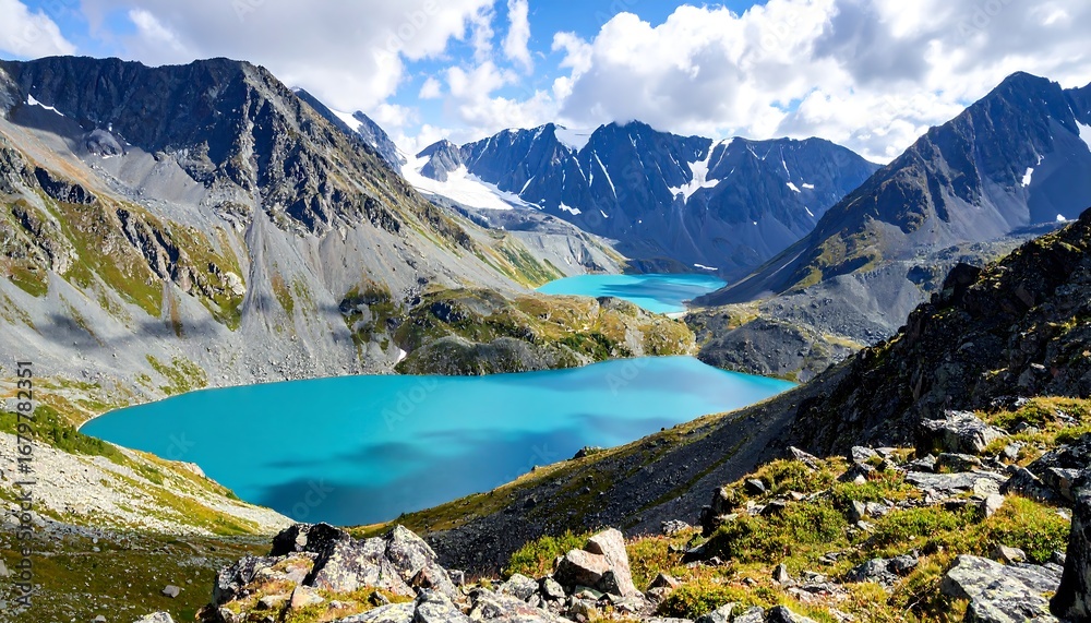 Obraz premium Mountainous landscape with alpine lakes. Vast vista of rugged peaks and turquoise lakes nestled amongst them