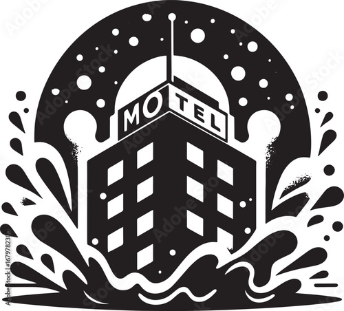 Creative Black and White Motel Logo Design with Splashing Water and Artistic Elements