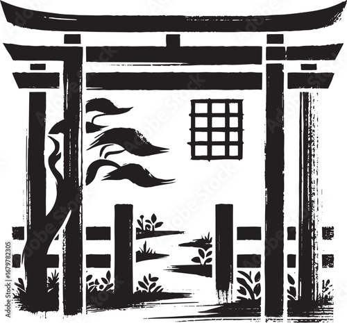 Minimalist sumi-e depiction of a traditional gate with garden de