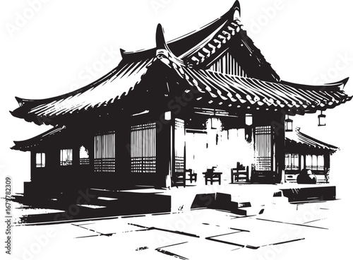 Ink drawing of a traditional Asian building with a distinctive multi-tiered roofline and design