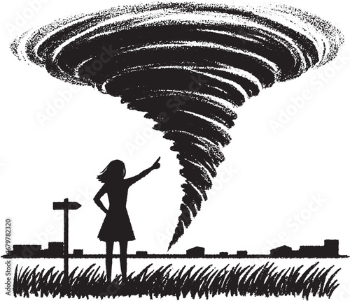 Artistic Illustration of a Woman Pointing at a Massive Tornado in a Rural Landscape Scene