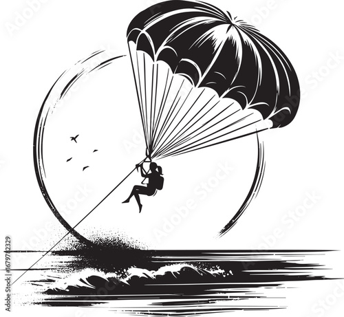 Parasailing adventure in black and white sumi-e style above the