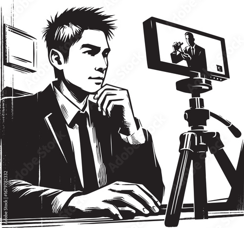 Monochromatic virtual classroom illustration of a man preparing