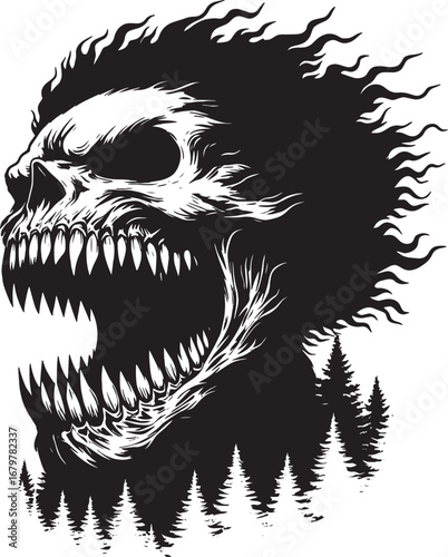 Intricate Black and White Illustration of a Terrifying Skull Head with Forest Silhouette