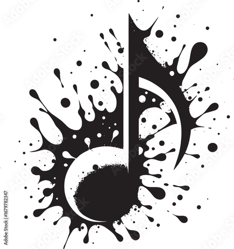 Creative Black and White Music Note Design with Splatter Effects for Artistic Concepts