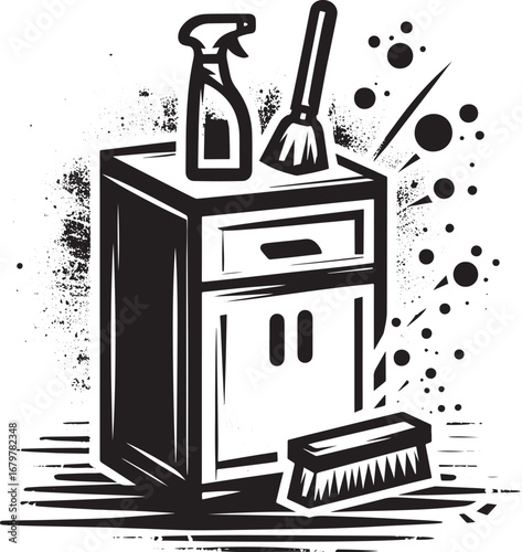 Stylized Sumi-e Cleaning Cabinet Icon Depicting Organized Cleani