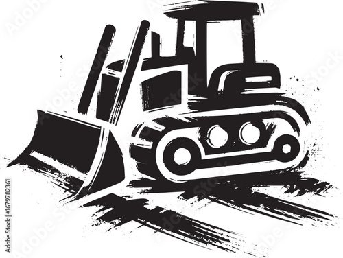 Monochromatic sumi-e track loader icon, construction equipment b