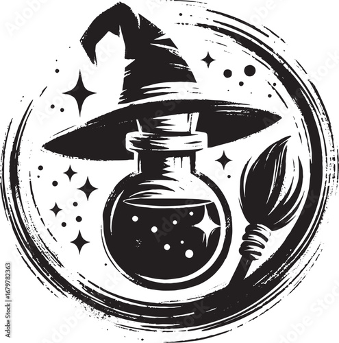 Enchanting Elixir: A Sumi-e Style Icon of Witchcraft with Brushs