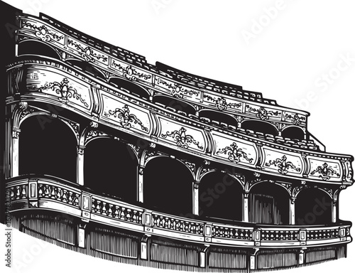 Detailed Woodcut Illustration of a Theatrical Balcony in Black a