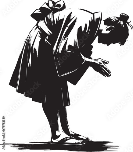 Sumi-e monochrome illustration of a man bowing after a japanese