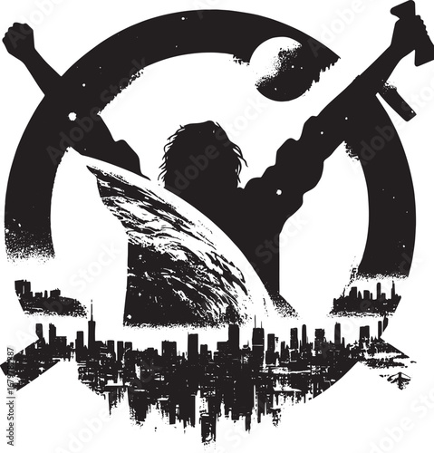 Silhouette artwork depicting a figure reaching towards the sky over a cityscape and a moon