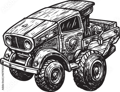 Detailed Woodcut Illustration of a Vintage Style Pickup Truck wi