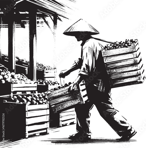 Ink wash illustration of fruit vendor carrying crates in asian m