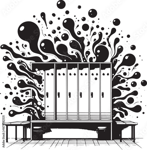 Artistic illustration of lockers in a school or gym setting with an abstract splash design