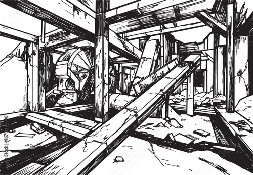 Monochrome Illustration: Crumbling Interior with Industrial Elem
