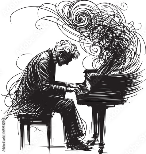 Dramatic Black and White Illustration of a Pianist Performing with Musical Lines and Energy