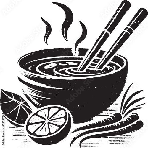 Minimalist sumi-e style illustration of Tom Yum soup with chopst