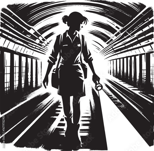Woman with flashlight explores dark subway tunnels in minimalist