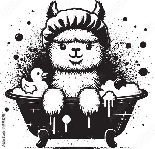 Cute Cartoon Alpaca in a Bathtub Enjoying a Relaxing Bath Time, Black and White Illustration