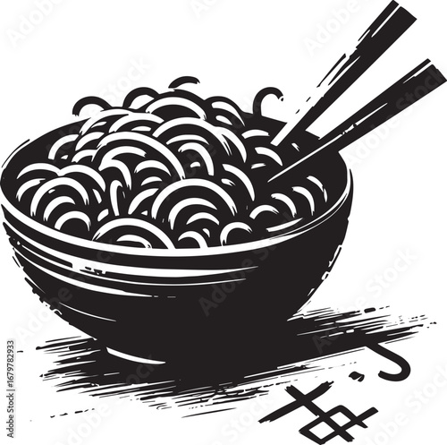 Minimalist Chow Mein Bowl Illustration in Sumi-e Style for Food