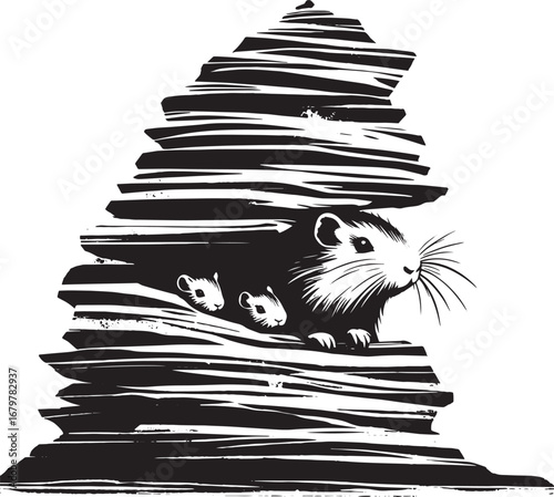 Artistic Illustration of a Family of Mice Nestled Inside a Stack of Paper Sheets